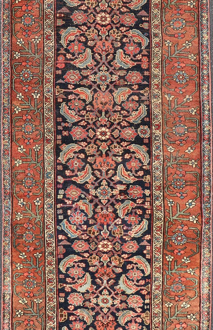 Antique Persian Gallery Malayer Runner in Blue Background with Multi Colors. Keivan Woven Arts / rug EMB - 22147 - 15078, country of origin / type: Iran / Malayer, circa 1910 Measures: 3'6 x 12'7 This antique Persian Malayer is bright and bold, with... - Keivan Woven ArtsEMB - 22147 - 15078 - 20685Rug