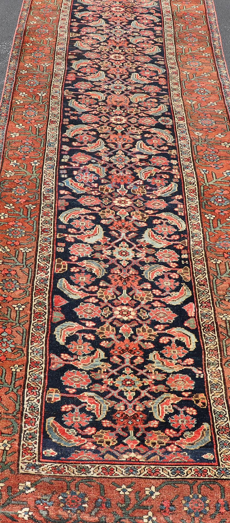 Antique Persian Gallery Malayer Runner in Blue Background with Multi Colors. Keivan Woven Arts / rug EMB - 22147 - 15078, country of origin / type: Iran / Malayer, circa 1910 Measures: 3'6 x 12'7 This antique Persian Malayer is bright and bold, with... - Keivan Woven ArtsEMB - 22147 - 15078 - 20685Rug