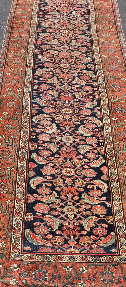 Antique Persian Gallery Malayer Runner in Blue Background with Multi Colors. Keivan Woven Arts / rug EMB - 22147 - 15078, country of origin / type: Iran / Malayer, circa 1910 Measures: 3'6 x 12'7 This antique Persian Malayer is bright and bold, with... - Keivan Woven ArtsEMB - 22147 - 15078 - 20685Rug