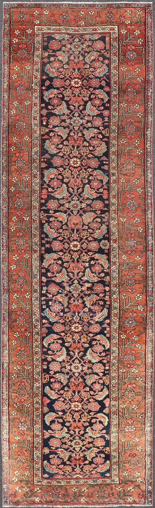 Antique Persian Gallery Malayer Runner in Blue Background with Multi Colors. Keivan Woven Arts / rug EMB - 22147 - 15078, country of origin / type: Iran / Malayer, circa 1910 Measures: 3'6 x 12'7 This antique Persian Malayer is bright and bold, with... - Keivan Woven ArtsEMB - 22147 - 15078 - 20685