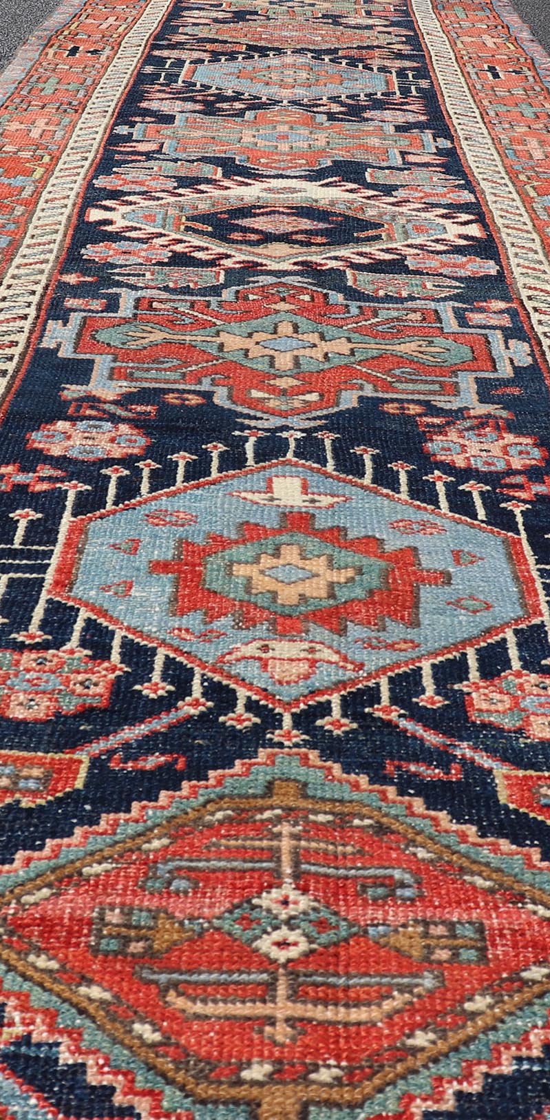 Antique Heriz Serapi Runner with Colorful Highly Stylized Medallion Design. Keivan Woven Arts / rug/EMB - 22148 - 15080, origin/iran Heriz - Serapi / Early 20th Century. Measures: 3'1 x 13'9 This magnificent Heriz runner from the early 20th centur... - Keivan Woven ArtsEMB - 22148 - 15080 - 20692