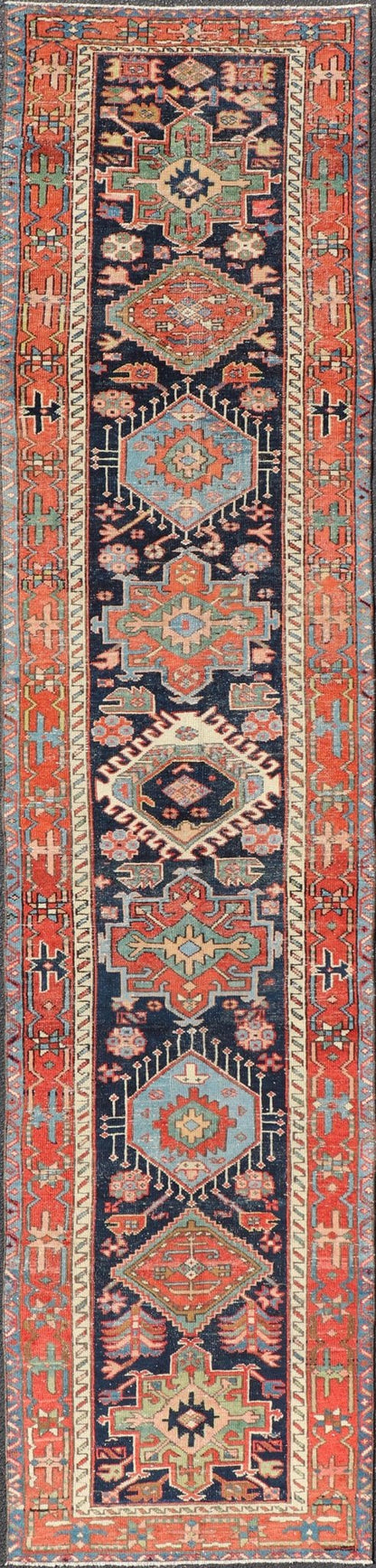 Antique Heriz Serapi Runner with Colorful Highly Stylized Medallion Design. Keivan Woven Arts / rug/EMB - 22148 - 15080, origin/iran Heriz - Serapi / Early 20th Century. Measures: 3'1 x 13'9 This magnificent Heriz runner from the early 20th centur... - Keivan Woven ArtsEMB - 22148 - 15080 - 20692