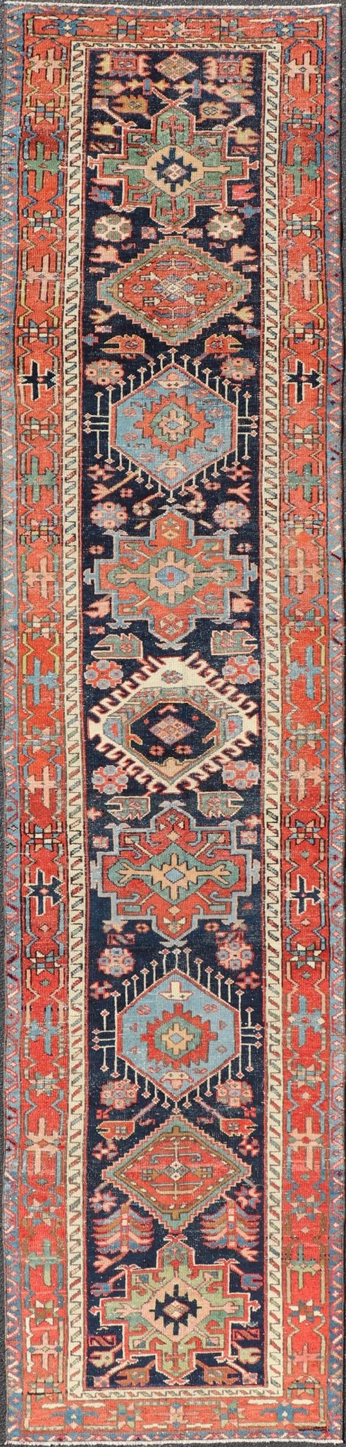 Antique Heriz Serapi Runner with Colorful Highly Stylized Medallion Design. Keivan Woven Arts / rug/EMB - 22148 - 15080, origin/iran Heriz - Serapi / Early 20th Century. Measures: 3'1 x 13'9 This magnificent Heriz runner from the early 20th centur... - Keivan Woven ArtsEMB - 22148 - 15080 - 20692