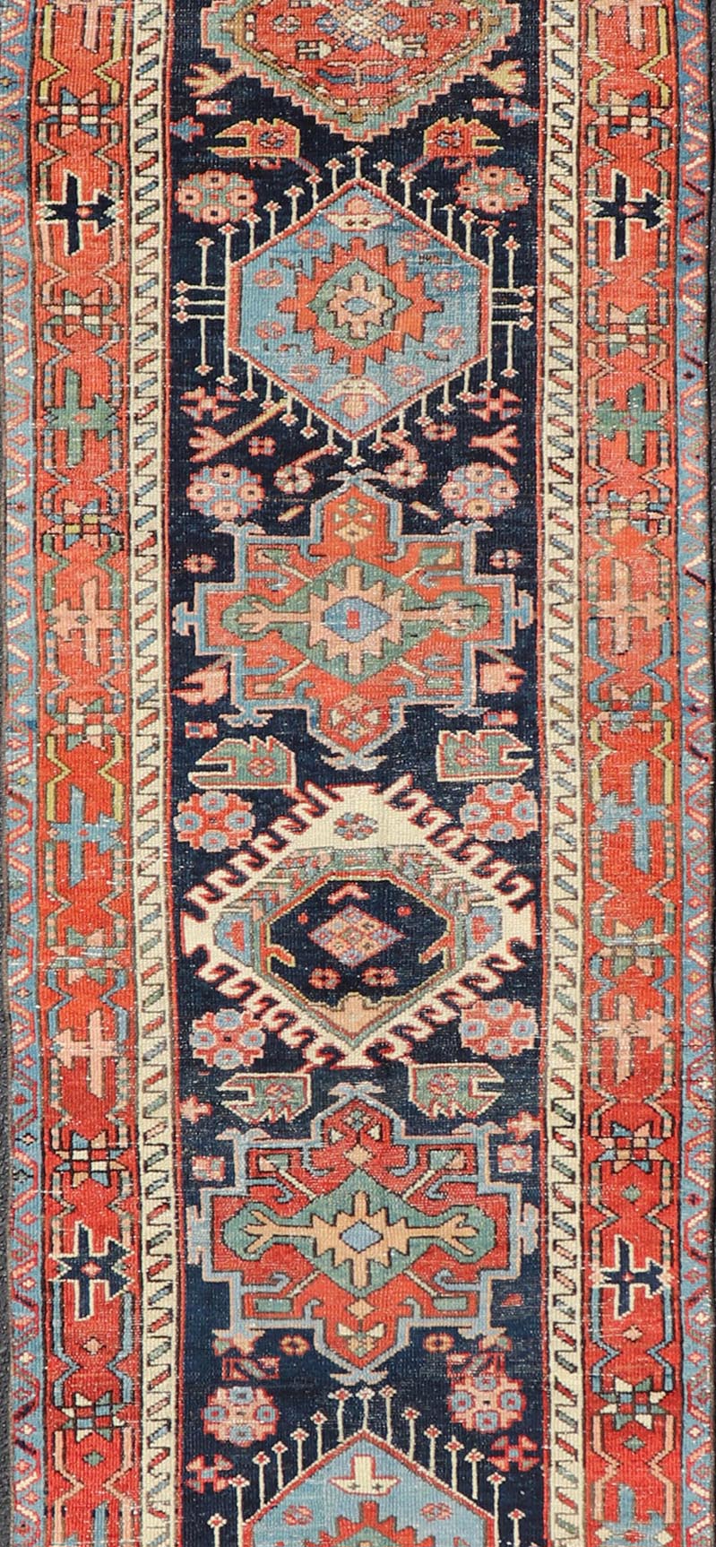 Antique Heriz Serapi Runner with Colorful Highly Stylized Medallion Design. Keivan Woven Arts / rug/EMB - 22148 - 15080, origin/iran Heriz - Serapi / Early 20th Century. Measures: 3'1 x 13'9 This magnificent Heriz runner from the early 20th centur... - Keivan Woven ArtsEMB - 22148 - 15080 - 20692