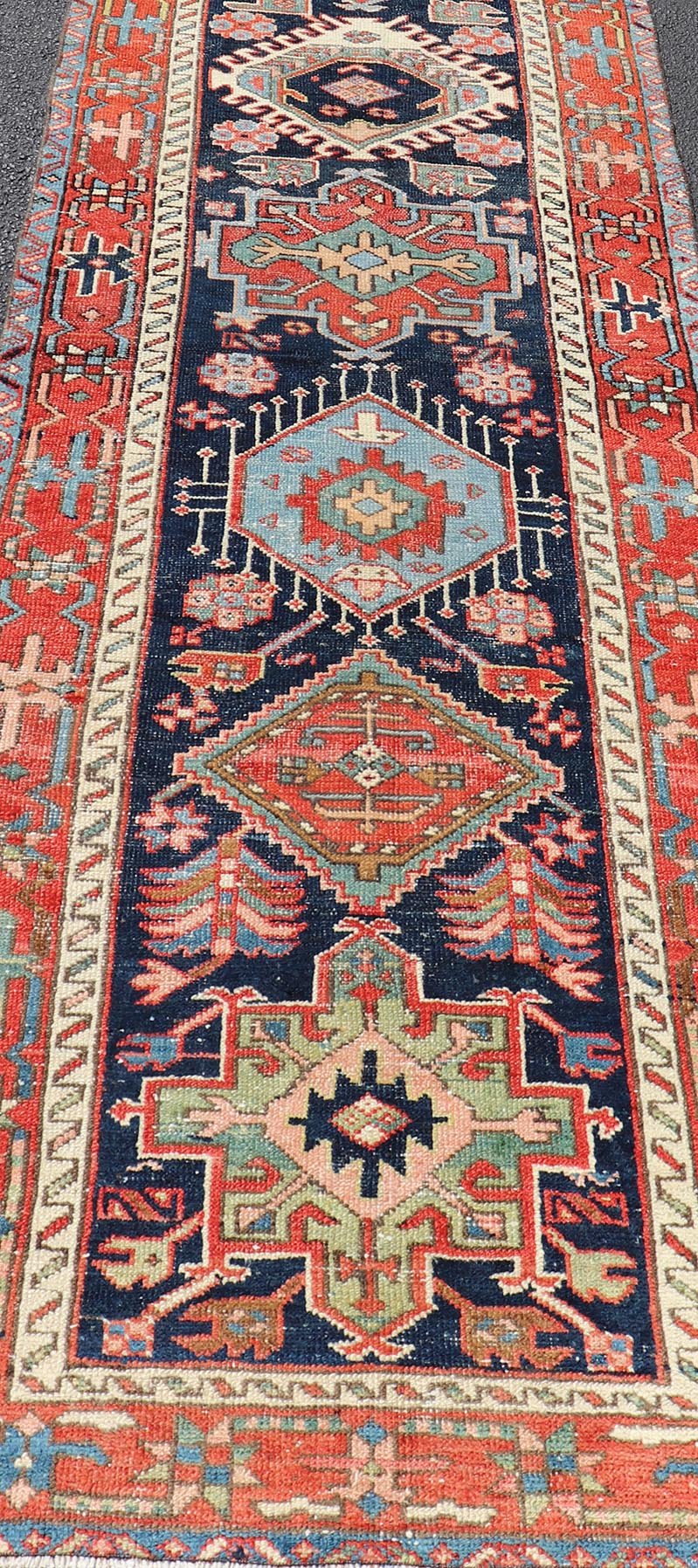 Antique Heriz Serapi Runner with Colorful Highly Stylized Medallion Design. Keivan Woven Arts / rug/EMB - 22148 - 15080, origin/iran Heriz - Serapi / Early 20th Century. Measures: 3'1 x 13'9 This magnificent Heriz runner from the early 20th centur... - Keivan Woven ArtsEMB - 22148 - 15080 - 20692