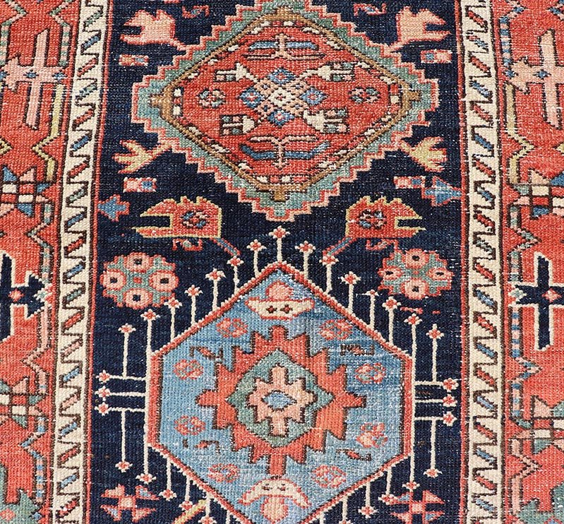 Antique Heriz Serapi Runner with Colorful Highly Stylized Medallion Design. Keivan Woven Arts / rug/EMB - 22148 - 15080, origin/iran Heriz - Serapi / Early 20th Century. Measures: 3'1 x 13'9 This magnificent Heriz runner from the early 20th centur... - Keivan Woven ArtsEMB - 22148 - 15080 - 20692