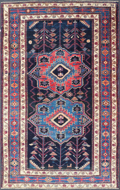 Antique Persian Kurdish Tribal Rug in Sub - Geometric Medallion Design. Country of origin: Iran; Type: Kurdish; Design: Tribal, Floral Tribal; Keivan Woven Arts: EMB - 22151 - 15071. Measures: 4'5 x 7'8 This antique Kurdish rug displays great contrast... - Keivan Woven ArtsEMB - 22151 - 15071 - 20643