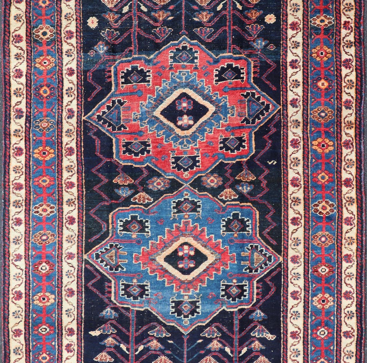 Antique Persian Kurdish Tribal Rug in Sub - Geometric Medallion Design. Country of origin: Iran; Type: Kurdish; Design: Tribal, Floral Tribal; Keivan Woven Arts: EMB - 22151 - 15071. Measures: 4'5 x 7'8 This antique Kurdish rug displays great contrast... - Keivan Woven ArtsEMB - 22151 - 15071 - 20643