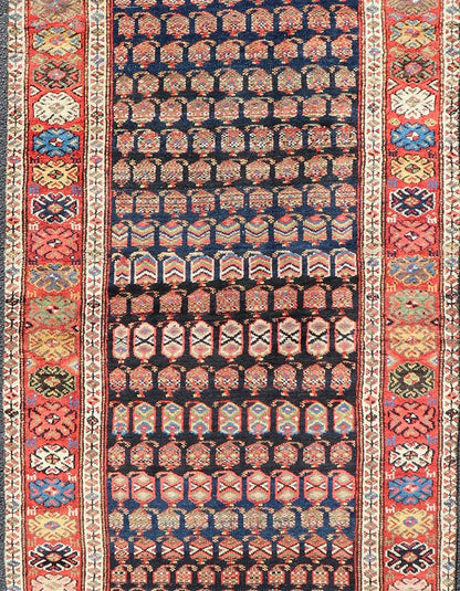 Measures: 3'10 x 9'4 Antique Kurdish Gallery Runner In All - Over Geometric Design on a Blue Background. Country of Origin: Iran; Type: Kurdish; Design: Tribal, Floral, Tribal Motif; Keivan Woven Arts: Rug EMB - 22154 - 15074. This antique galler... - Keivan Woven ArtsEMB - 22154 - 15074 - 20661