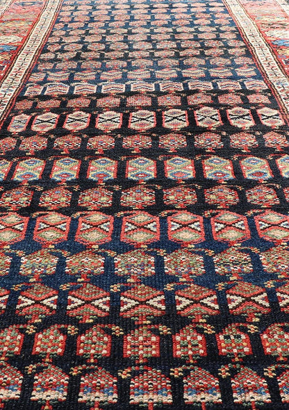 Measures: 3'10 x 9'4 Antique Kurdish Gallery Runner In All - Over Geometric Design on a Blue Background. Country of Origin: Iran; Type: Kurdish; Design: Tribal, Floral, Tribal Motif; Keivan Woven Arts: Rug EMB - 22154 - 15074. This antique galler... - Keivan Woven ArtsEMB - 22154 - 15074 - 20661
