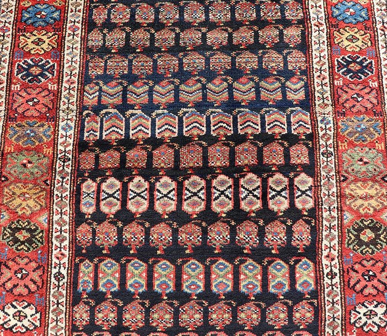 Measures: 3'10 x 9'4 Antique Kurdish Gallery Runner In All - Over Geometric Design on a Blue Background. Country of Origin: Iran; Type: Kurdish; Design: Tribal, Floral, Tribal Motif; Keivan Woven Arts: Rug EMB - 22154 - 15074. This antique galler... - Keivan Woven ArtsEMB - 22154 - 15074 - 20661