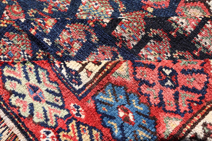 Measures: 3'10 x 9'4 Antique Kurdish Gallery Runner In All - Over Geometric Design on a Blue Background. Country of Origin: Iran; Type: Kurdish; Design: Tribal, Floral, Tribal Motif; Keivan Woven Arts: Rug EMB - 22154 - 15074. This antique galler... - Keivan Woven ArtsEMB - 22154 - 15074 - 20661