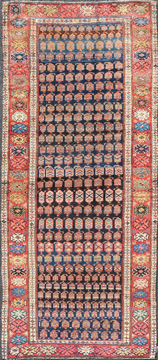 Measures: 3'10 x 9'4 Antique Kurdish Gallery Runner In All - Over Geometric Design on a Blue Background. Country of Origin: Iran; Type: Kurdish; Design: Tribal, Floral, Tribal Motif; Keivan Woven Arts: Rug EMB - 22154 - 15074. This antique galler... - Keivan Woven ArtsEMB - 22154 - 15074 - 20661