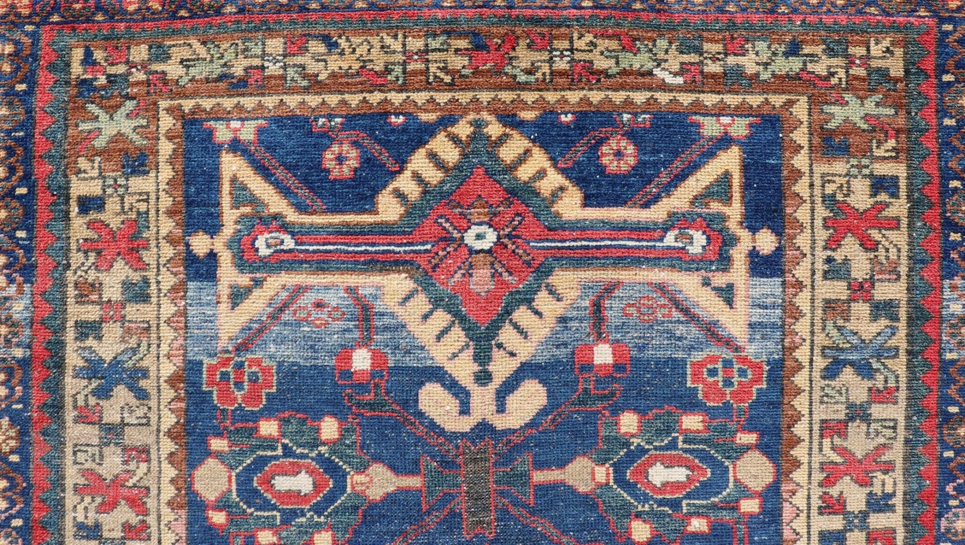 Antique Persian Hamadan Rug with Colorful Geometric Medallion on A Blue Field Measures: 3'4 x 6'1 Antique Persian Hamadan Rug with Colorful Geometric Medallion on A Blue Field. Keivan Woven Arts / rug EMB - 22155 - 15082, country of origin / ty... - Keivan Woven ArtsEMB - 22155 - 15082 - 17442Rug