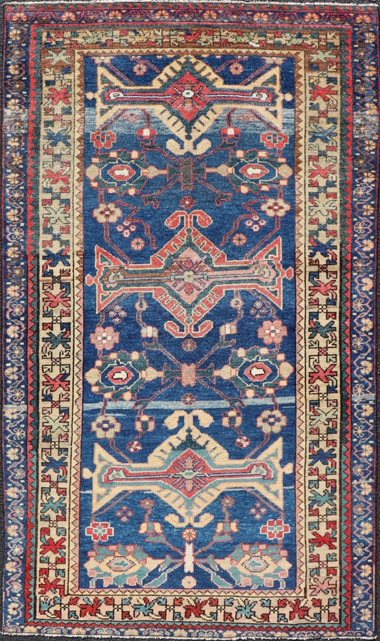 Antique Persian Hamadan Rug with Colorful Geometric Medallion on A Blue Field Measures: 3'4 x 6'1 Antique Persian Hamadan Rug with Colorful Geometric Medallion on A Blue Field. Keivan Woven Arts / rug EMB - 22155 - 15082, country of origin / ty... - Keivan Woven ArtsEMB - 22155 - 15082 - 17442