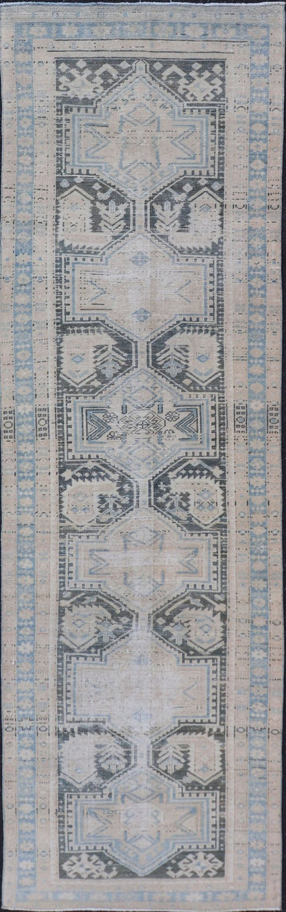 Measures: 2'10 x 10'3 Antique Persian Hamadan Runner with All - Over Medallion Design in Lt. Blue. Keivan Woven Arts; rug EMB - 22157 - 15058, country of origin / type: Iran / Hamadan, circa 1920. This antique Persian Hamadan rug has been hand - knotted... - Keivan Woven ArtsEMB - 22157 - 15058 - 20577Rug
