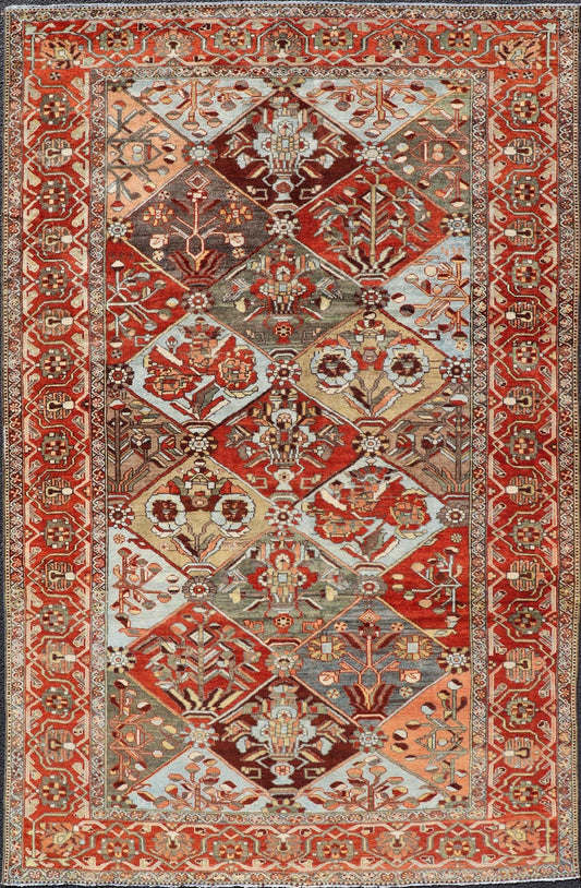 Measures: 5'0 x 8'0 Antique Persian Bakhitari Colorful Rug in All - Over Diamond Garden Design. Keivan Woven Arts / rug EMB - 22158 - 15045 origin / type: Iran / Bakhitari, circa 1920. This beautiful Bakitari rug from Persia features an elaborate ... - Keivan Woven ArtsEMB - 22158 - 15045 - 20505
