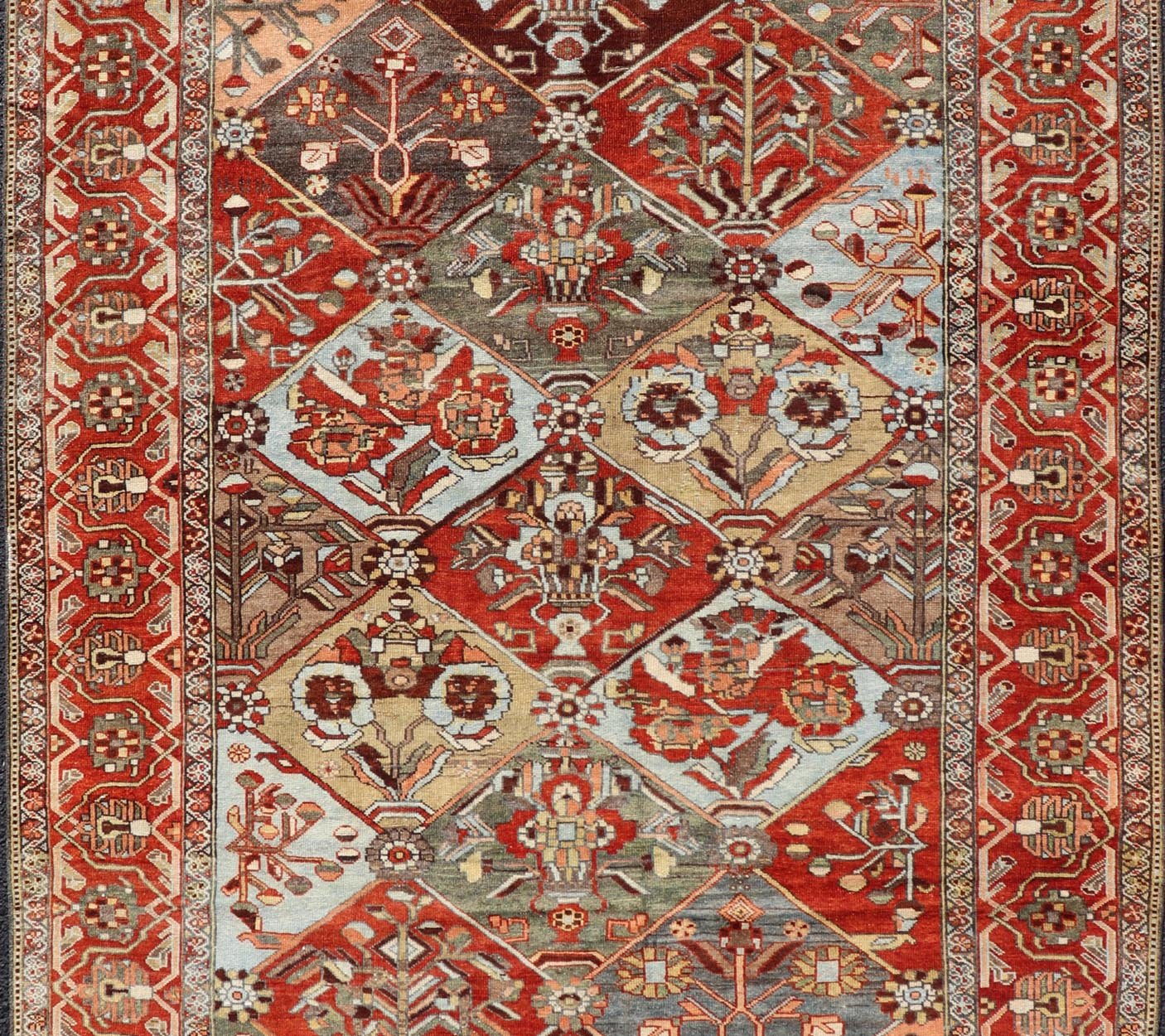 Measures: 5'0 x 8'0 Antique Persian Bakhitari Colorful Rug in All - Over Diamond Garden Design. Keivan Woven Arts / rug EMB - 22158 - 15045 origin / type: Iran / Bakhitari, circa 1920. This beautiful Bakitari rug from Persia features an elaborate ... - Keivan Woven ArtsEMB - 22158 - 15045 - 20505Rug