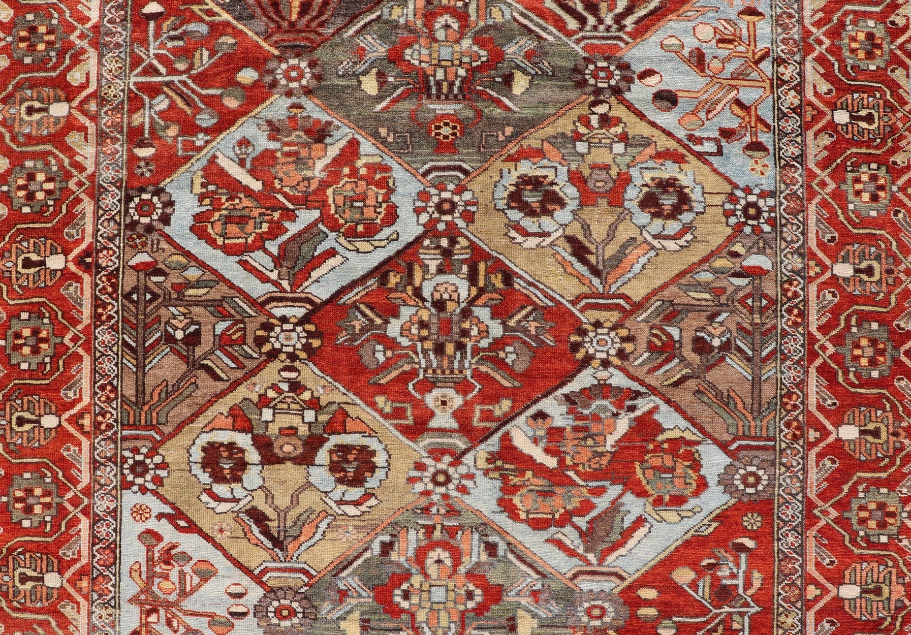 Measures: 5'0 x 8'0 Antique Persian Bakhitari Colorful Rug in All - Over Diamond Garden Design. Keivan Woven Arts / rug EMB - 22158 - 15045 origin / type: Iran / Bakhitari, circa 1920. This beautiful Bakitari rug from Persia features an elaborate ... - Keivan Woven ArtsEMB - 22158 - 15045 - 20505Rug