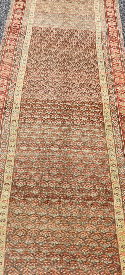 Antique Malayer Persian Long Runner with All Over Paisley Design Red and Brown. Keivan Woven Arts; rug / EMB - 22159 - 15062 Country of origin: Iran Circa 1920's Type Malayer Measures: 3'0 x 15'2 This antique Malayer runner features a modest, multi - ... - Keivan Woven ArtsEMB - 22159 - 15062 - 20595