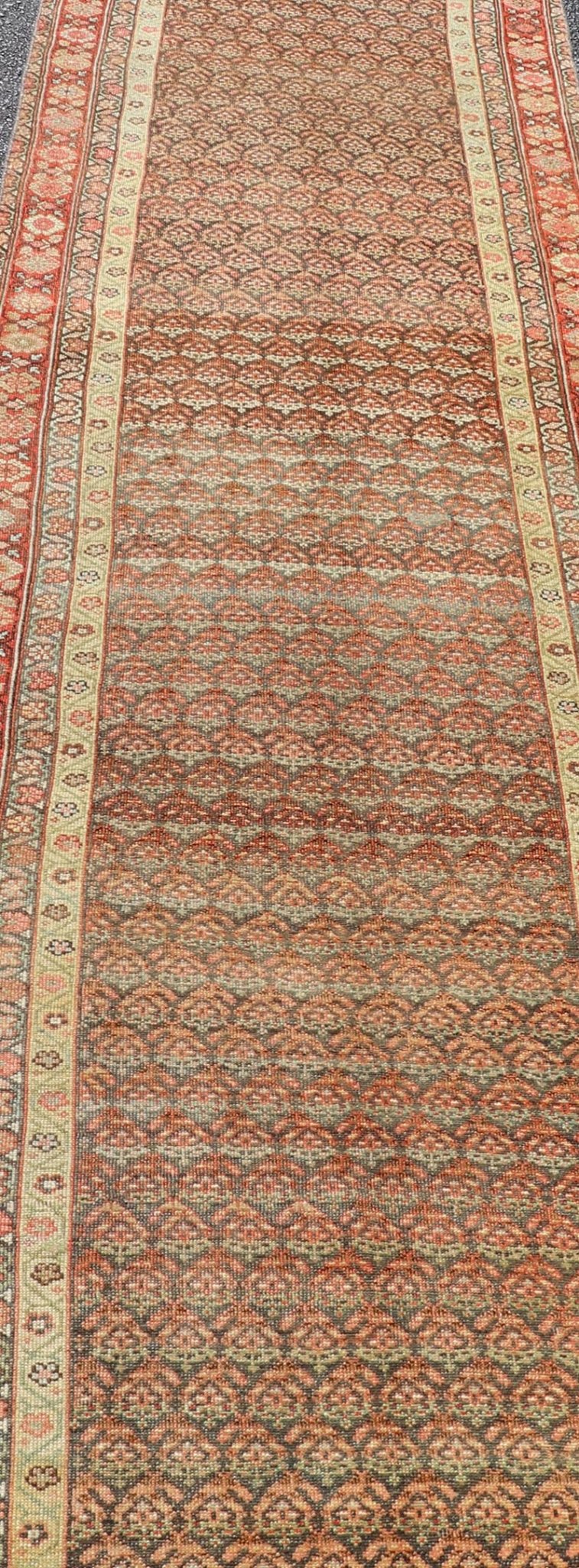 Antique Malayer Persian Long Runner with All Over Paisley Design Red and Brown. Keivan Woven Arts; rug / EMB - 22159 - 15062 Country of origin: Iran Circa 1920's Type Malayer Measures: 3'0 x 15'2 This antique Malayer runner features a modest, multi - ... - Keivan Woven ArtsEMB - 22159 - 15062 - 20595
