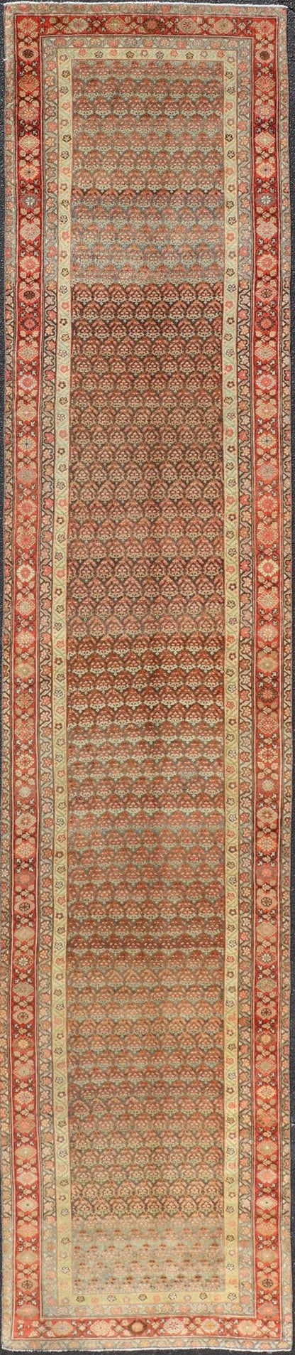 Antique Malayer Persian Long Runner with All Over Paisley Design Red and Brown. Keivan Woven Arts; rug / EMB - 22159 - 15062 Country of origin: Iran Circa 1920's Type Malayer Measures: 3'0 x 15'2 This antique Malayer runner features a modest, multi - ... - Keivan Woven ArtsEMB - 22159 - 15062 - 20595