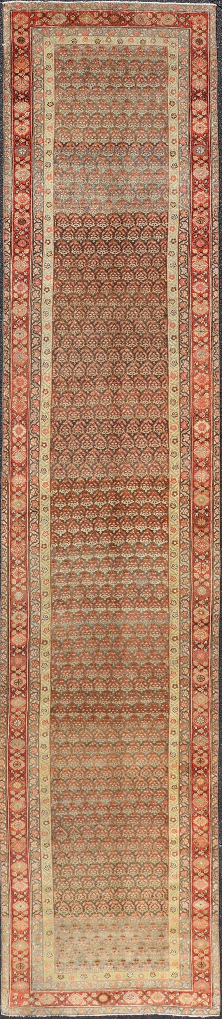 Antique Malayer Persian Long Runner with All Over Paisley Design Red and Brown. Keivan Woven Arts; rug / EMB - 22159 - 15062 Country of origin: Iran Circa 1920's Type Malayer Measures: 3'0 x 15'2 This antique Malayer runner features a modest, multi - ... - Keivan Woven ArtsEMB - 22159 - 15062 - 20595