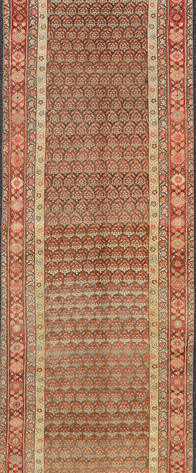 Antique Malayer Persian Long Runner with All Over Paisley Design Red and Brown. Keivan Woven Arts; rug / EMB - 22159 - 15062 Country of origin: Iran Circa 1920's Type Malayer Measures: 3'0 x 15'2 This antique Malayer runner features a modest, multi - ... - Keivan Woven ArtsEMB - 22159 - 15062 - 20595