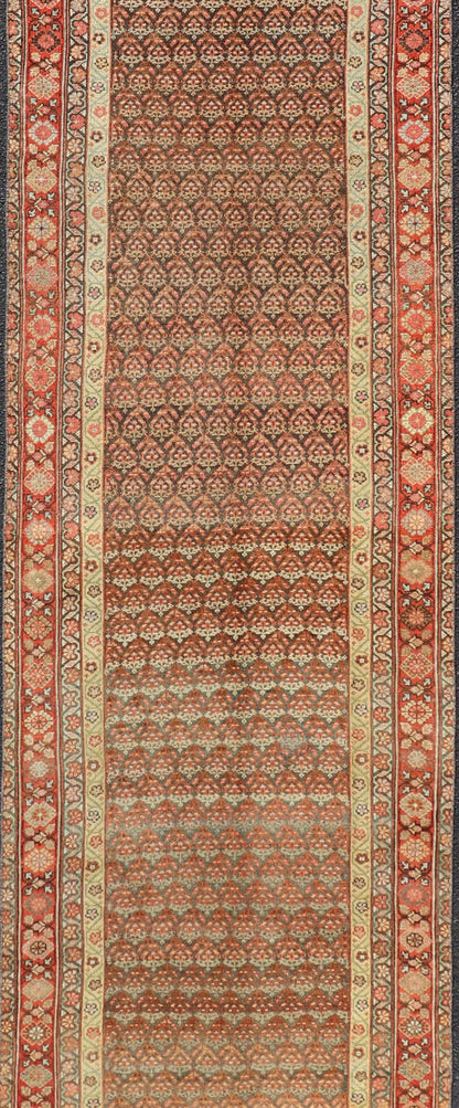 Antique Malayer Persian Long Runner with All Over Paisley Design Red and Brown. Keivan Woven Arts; rug / EMB - 22159 - 15062 Country of origin: Iran Circa 1920's Type Malayer Measures: 3'0 x 15'2 This antique Malayer runner features a modest, multi - ... - Keivan Woven ArtsEMB - 22159 - 15062 - 20595