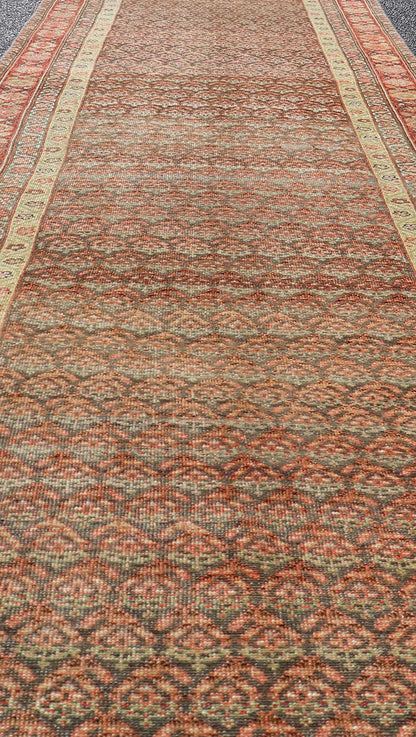 Antique Malayer Persian Long Runner with All Over Paisley Design Red and Brown. Keivan Woven Arts; rug / EMB - 22159 - 15062 Country of origin: Iran Circa 1920's Type Malayer Measures: 3'0 x 15'2 This antique Malayer runner features a modest, multi - ... - Keivan Woven ArtsEMB - 22159 - 15062 - 20595