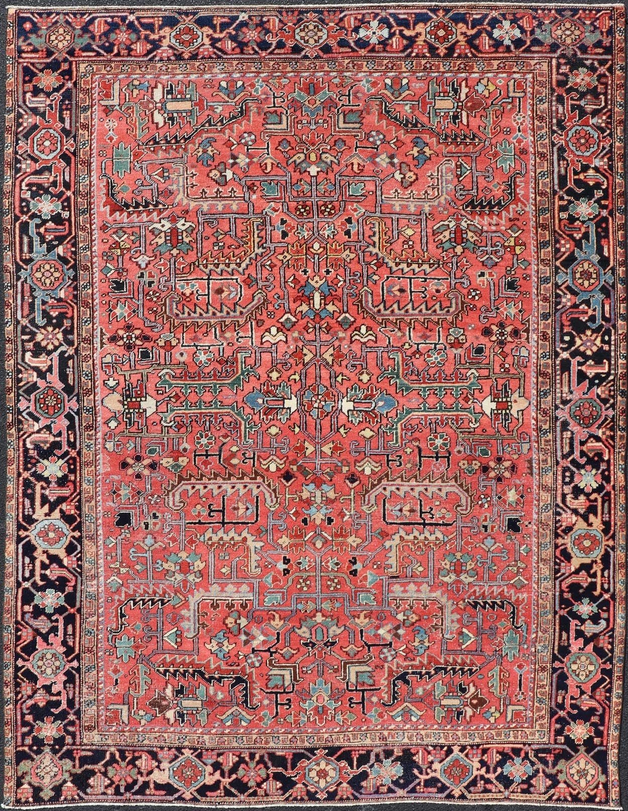 Persian Antique Heriz Rug with All - Over Geometric Design in Jewel Tones. Keivan Woven Arts / Rug / EMB - 22161 - 15110, country of origin / type: Iran /Heriz, circa 1920 Measures: 7'3 x 9'9 This lovely Antique Heriz rug, hailing from northwestern Ira... - Keivan Woven ArtsEMB - 22161 - 15110 - 20818Rug