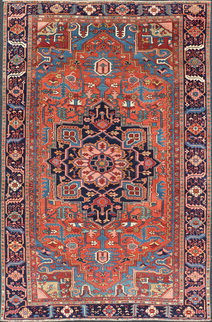 Geometric Medallion Design in Jewel Tone Antique Persian Heriz - Serapi Rug. Hand Knotted Antique Heriz - Serapi Rug, Keivan Woven Arts / rug EMB - 22162 - 15036, country of origin / type: Persian / Heriz, circa Early - 20th Century. Measures: 7'4 x 11... - Keivan Woven ArtsEMB - 22162 - 15036 - 20457