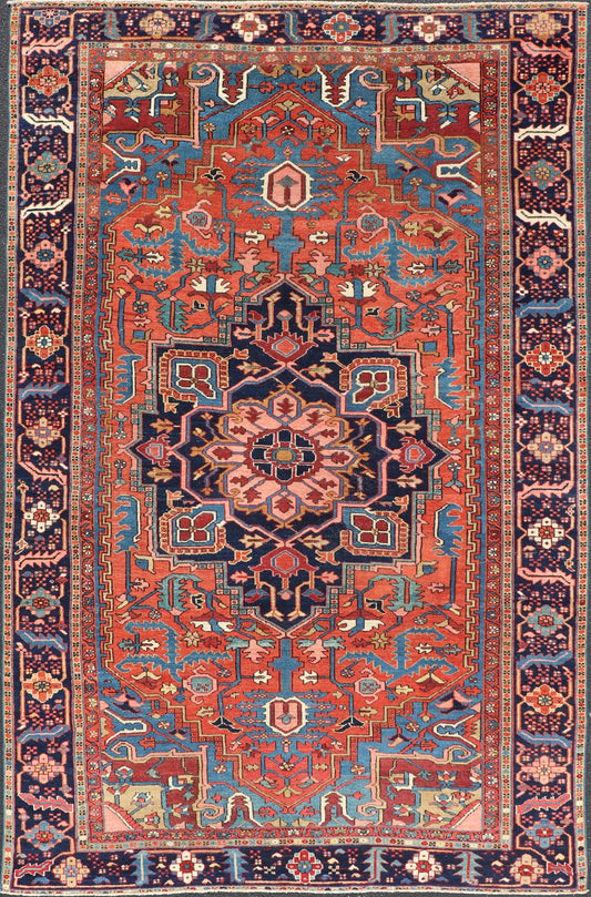 Geometric Medallion Design in Jewel Tone Antique Persian Heriz - Serapi Rug. Hand Knotted Antique Heriz - Serapi Rug, Keivan Woven Arts / rug EMB - 22162 - 15036, country of origin / type: Persian / Heriz, circa Early - 20th Century. Measures: 7'4 x 11... - Keivan Woven ArtsEMB - 22162 - 15036 - 20457