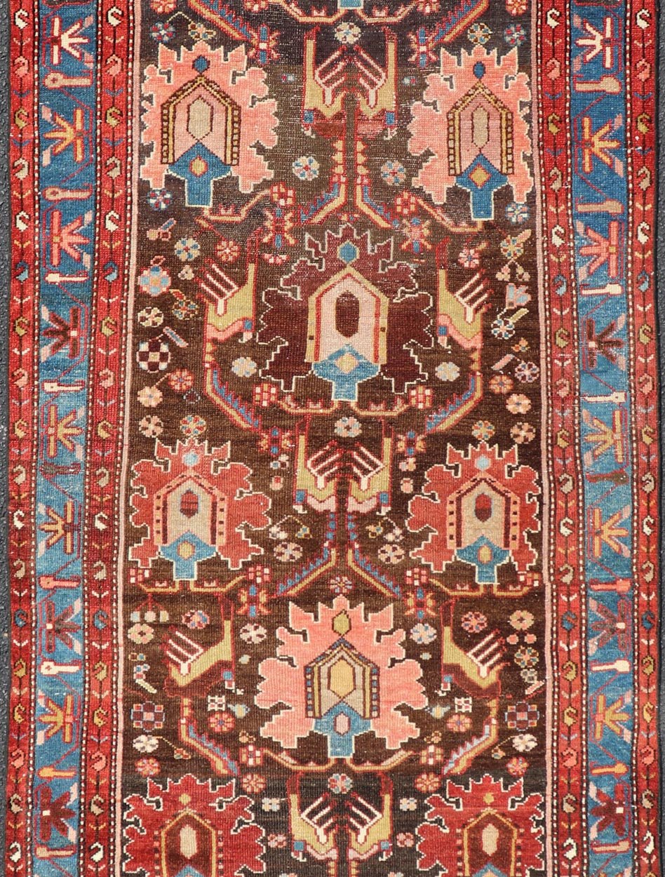 Antique Persian Tribal Designed Hamadan in Multi - Tiered Border in Brown and Blue. Keivan Woven Arts; rug EMB - 22163 - 15049 / Country of Origin: Iran Type: Hamadan Circa 1920 Measures: 3'4 x 9'5 This unique Persian Hamadan features a dark brown ba... - Keivan Woven ArtsEMB - 22163 - 15049 - 20529