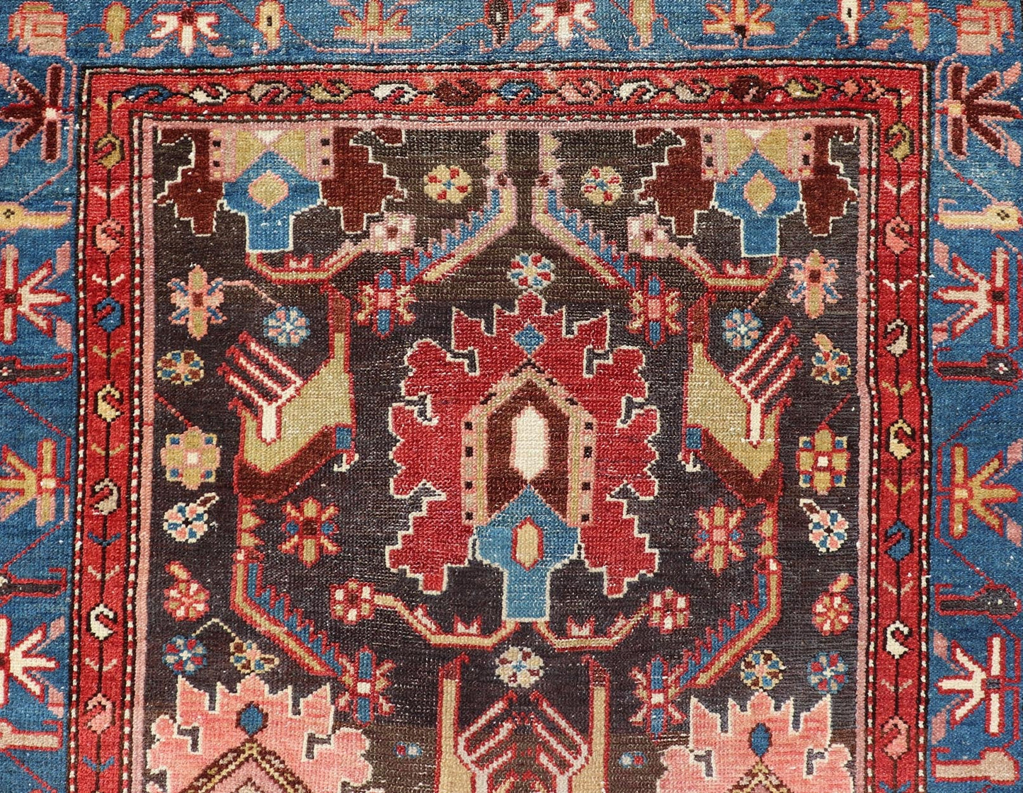 Antique Persian Tribal Designed Hamadan in Multi - Tiered Border in Brown and Blue. Keivan Woven Arts; rug EMB - 22163 - 15049 / Country of Origin: Iran Type: Hamadan Circa 1920 Measures: 3'4 x 9'5 This unique Persian Hamadan features a dark brown ba... - Keivan Woven ArtsEMB - 22163 - 15049 - 20529