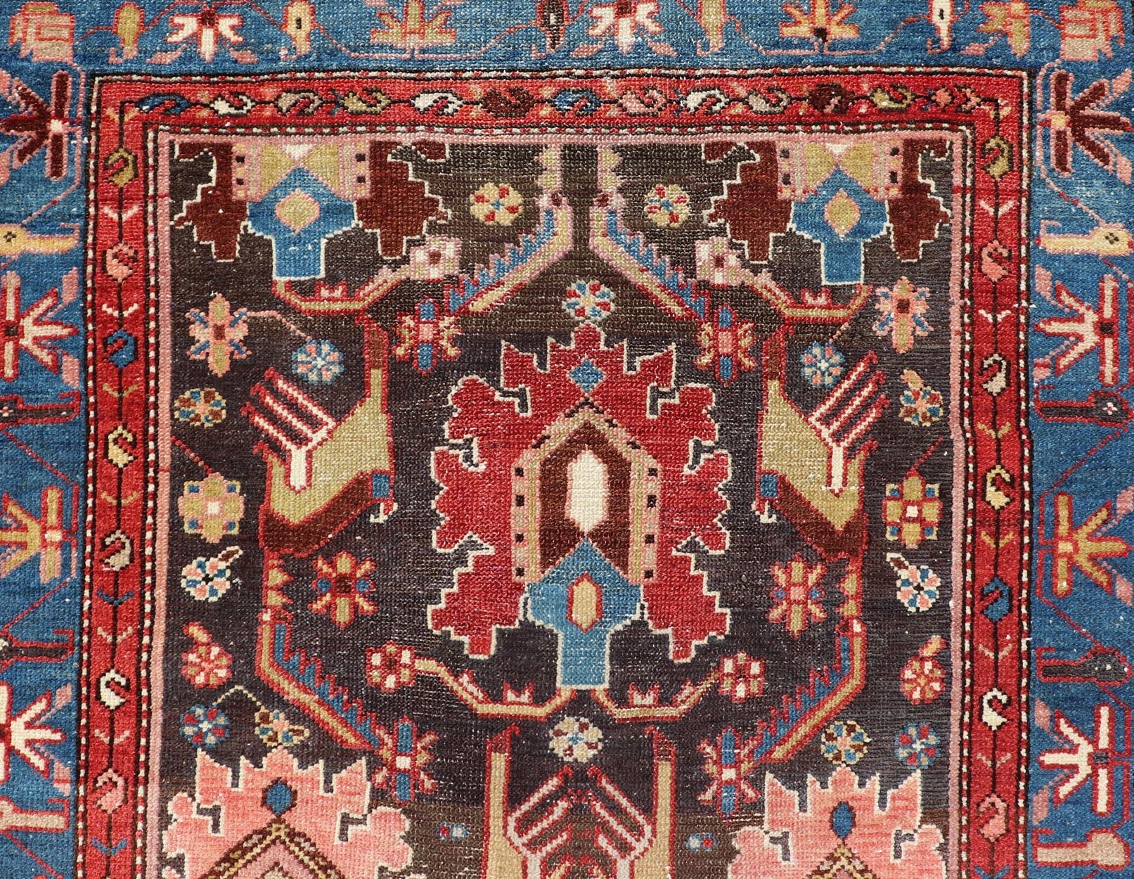 Antique Persian Tribal Designed Hamadan in Multi - Tiered Border in Brown and Blue. Keivan Woven Arts; rug EMB - 22163 - 15049 / Country of Origin: Iran Type: Hamadan Circa 1920 Measures: 3'4 x 9'5 This unique Persian Hamadan features a dark brown ba... - Keivan Woven ArtsEMB - 22163 - 15049 - 20529