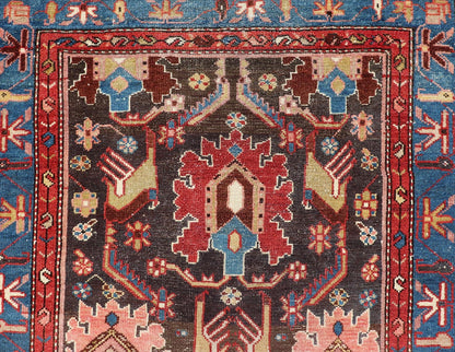 Antique Persian Tribal Designed Hamadan in Multi - Tiered Border in Brown and Blue. Keivan Woven Arts; rug EMB - 22163 - 15049 / Country of Origin: Iran Type: Hamadan Circa 1920 Measures: 3'4 x 9'5 This unique Persian Hamadan features a dark brown ba... - Keivan Woven ArtsEMB - 22163 - 15049 - 20529