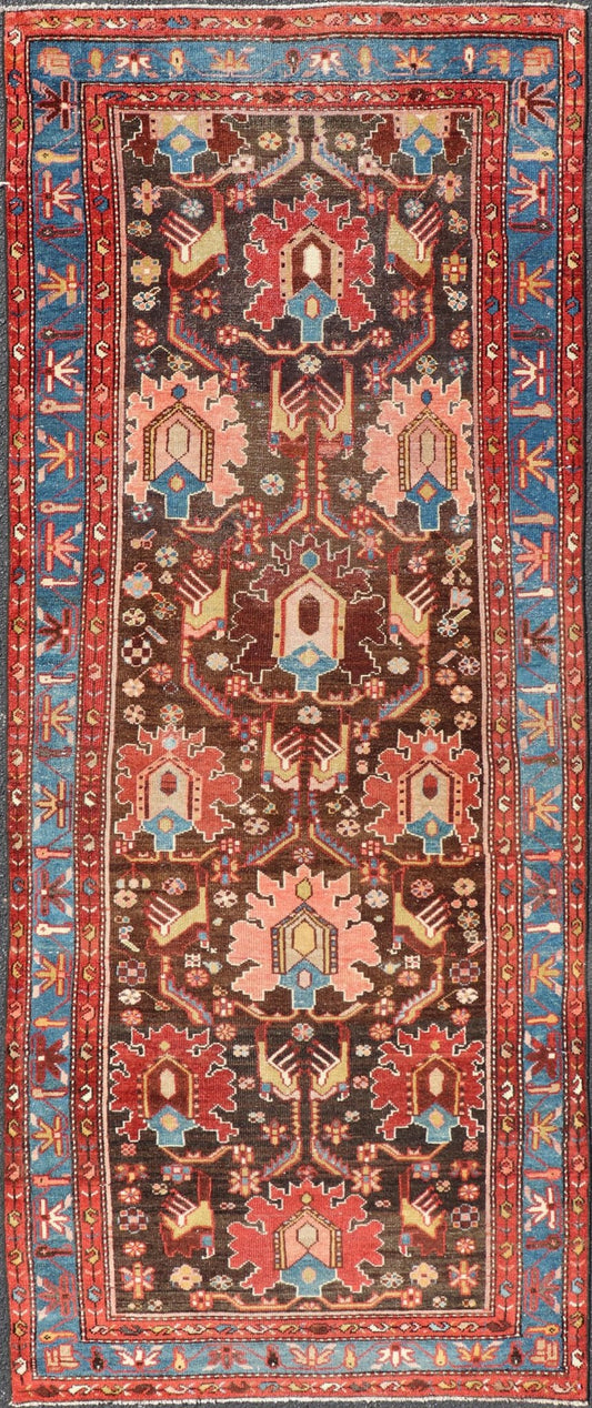 Antique Persian Tribal Designed Hamadan in Multi - Tiered Border in Brown and Blue. Keivan Woven Arts; rug EMB - 22163 - 15049 / Country of Origin: Iran Type: Hamadan Circa 1920 Measures: 3'4 x 9'5 This unique Persian Hamadan features a dark brown ba... - Keivan Woven ArtsEMB - 22163 - 15049 - 20529