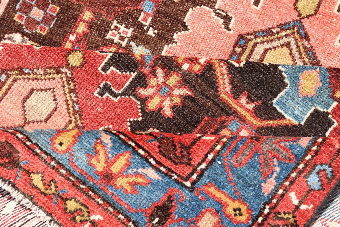 Antique Persian Tribal Designed Hamadan in Multi - Tiered Border in Brown and Blue. Keivan Woven Arts; rug EMB - 22163 - 15049 / Country of Origin: Iran Type: Hamadan Circa 1920 Measures: 3'4 x 9'5 This unique Persian Hamadan features a dark brown ba... - Keivan Woven ArtsEMB - 22163 - 15049 - 20529