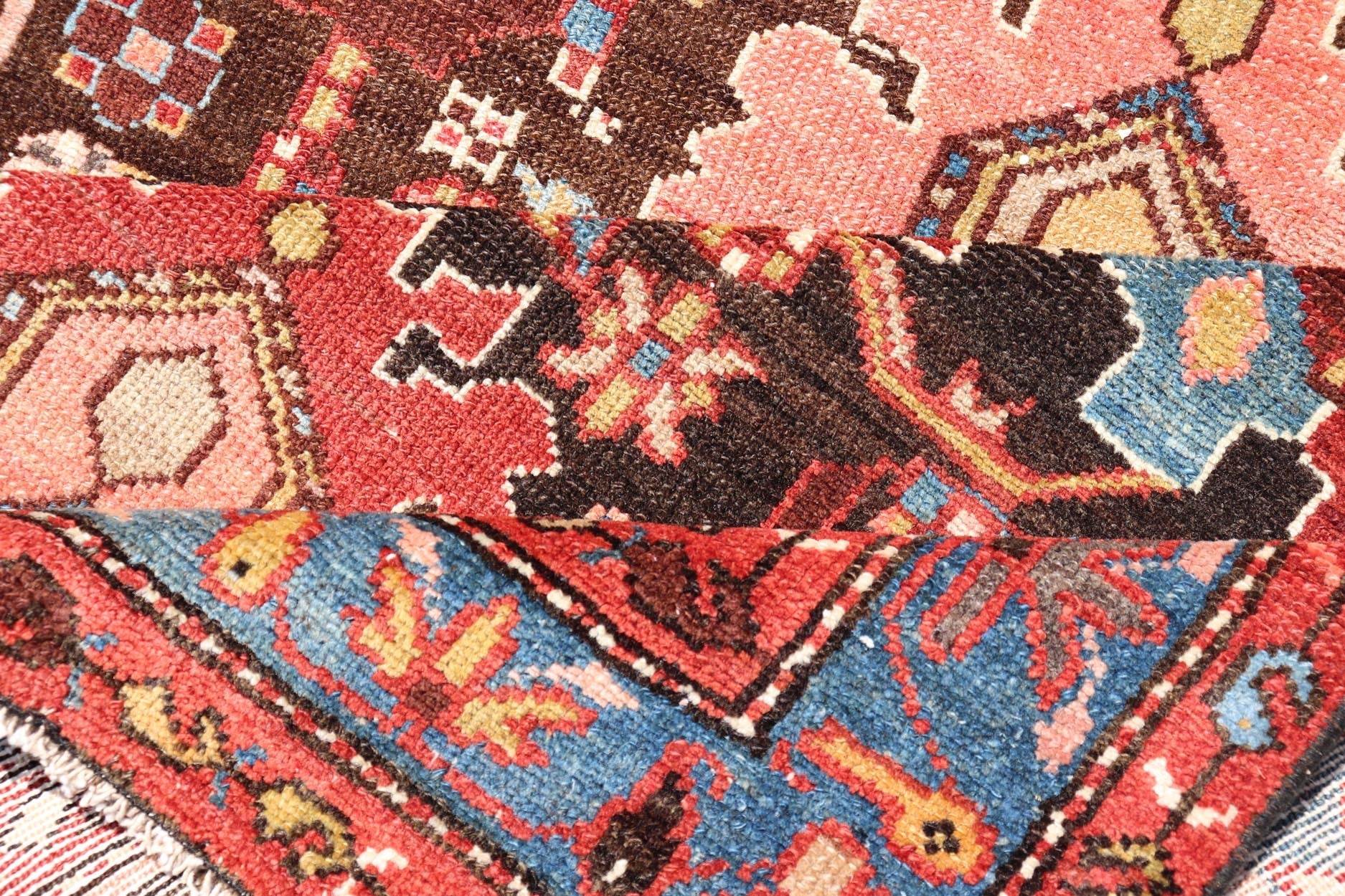 Antique Persian Tribal Designed Hamadan in Multi - Tiered Border in Brown and Blue. Keivan Woven Arts; rug EMB - 22163 - 15049 / Country of Origin: Iran Type: Hamadan Circa 1920 Measures: 3'4 x 9'5 This unique Persian Hamadan features a dark brown ba... - Keivan Woven ArtsEMB - 22163 - 15049 - 20529
