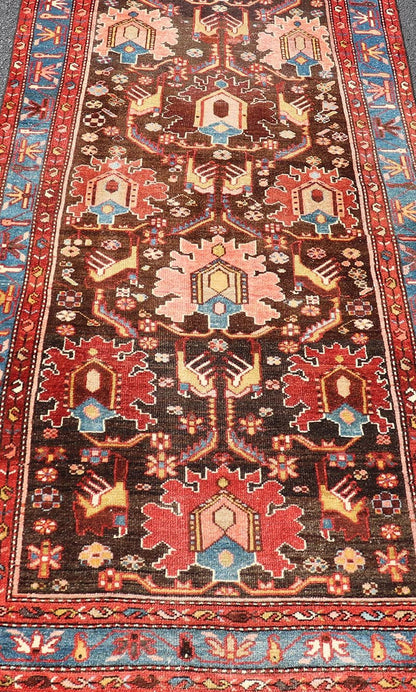 Antique Persian Tribal Designed Hamadan in Multi - Tiered Border in Brown and Blue. Keivan Woven Arts; rug EMB - 22163 - 15049 / Country of Origin: Iran Type: Hamadan Circa 1920 Measures: 3'4 x 9'5 This unique Persian Hamadan features a dark brown ba... - Keivan Woven ArtsEMB - 22163 - 15049 - 20529
