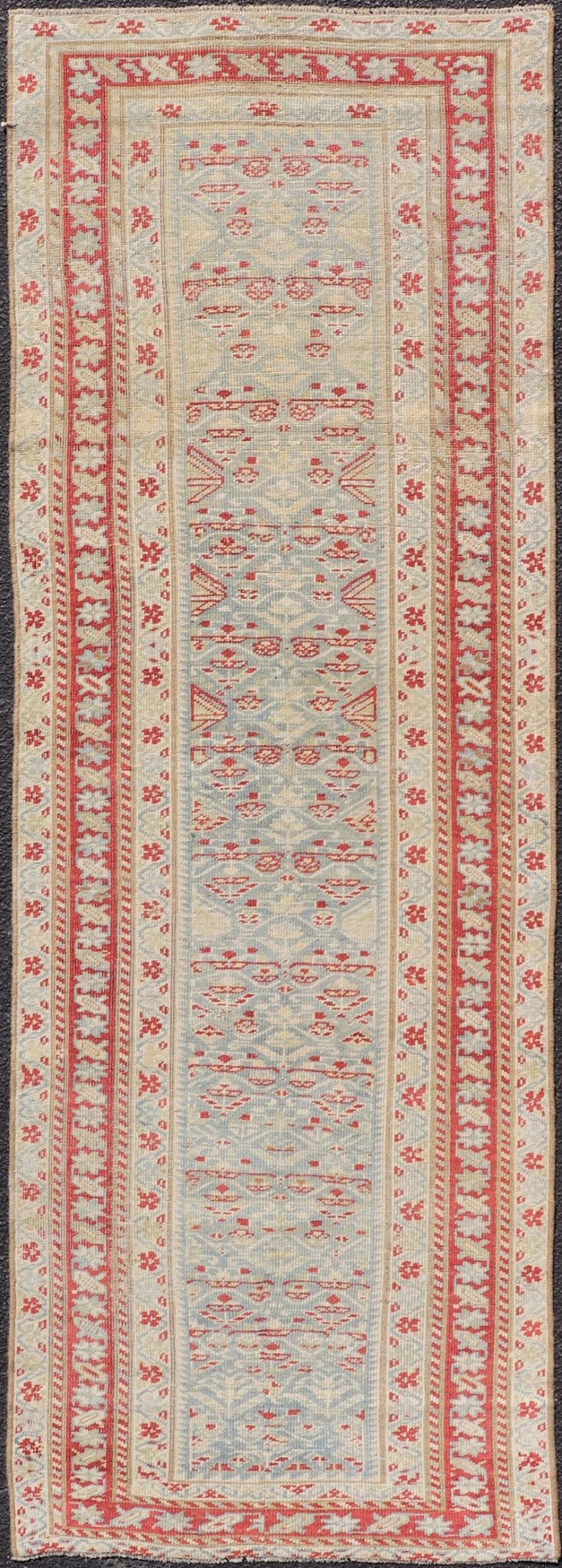 Antique Persian Sultanabad Runner with Geometric Tribal Design in Light Blue. Keivan Woven Arts/ rug EMB - 22165 - 15031, country of origin / type: Iran / Sultanabad, circa 1920 Measures: 2'7 x 7'5 This Persian Sultanabad has an all - over pattern, res... - Keivan Woven ArtsEMB - 22165 - 15031 - 20427Rug