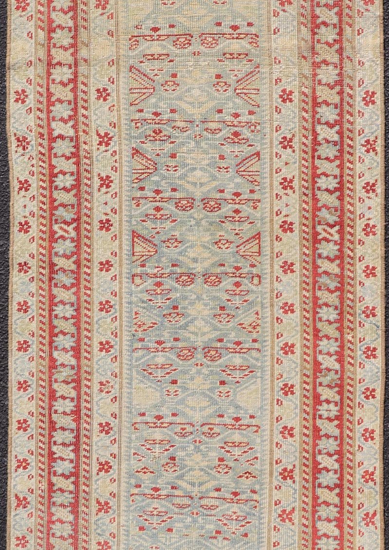 Antique Persian Sultanabad Runner with Geometric Tribal Design in Light Blue. Keivan Woven Arts/ rug EMB - 22165 - 15031, country of origin / type: Iran / Sultanabad, circa 1920 Measures: 2'7 x 7'5 This Persian Sultanabad has an all - over pattern, res... - Keivan Woven ArtsEMB - 22165 - 15031 - 20427Rug