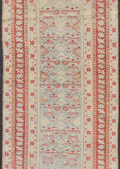 Antique Persian Sultanabad Runner with Geometric Tribal Design in Light Blue. Keivan Woven Arts/ rug EMB - 22165 - 15031, country of origin / type: Iran / Sultanabad, circa 1920 Measures: 2'7 x 7'5 This Persian Sultanabad has an all - over pattern, res... - Keivan Woven ArtsEMB - 22165 - 15031 - 20427Rug
