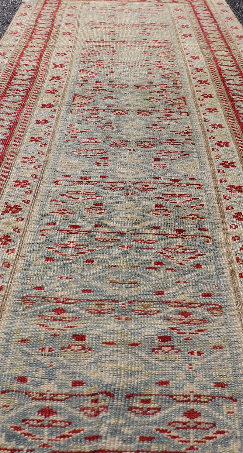 Antique Persian Sultanabad Runner with Geometric Tribal Design in Light Blue. Keivan Woven Arts/ rug EMB - 22165 - 15031, country of origin / type: Iran / Sultanabad, circa 1920 Measures: 2'7 x 7'5 This Persian Sultanabad has an all - over pattern, res... - Keivan Woven ArtsEMB - 22165 - 15031 - 20427