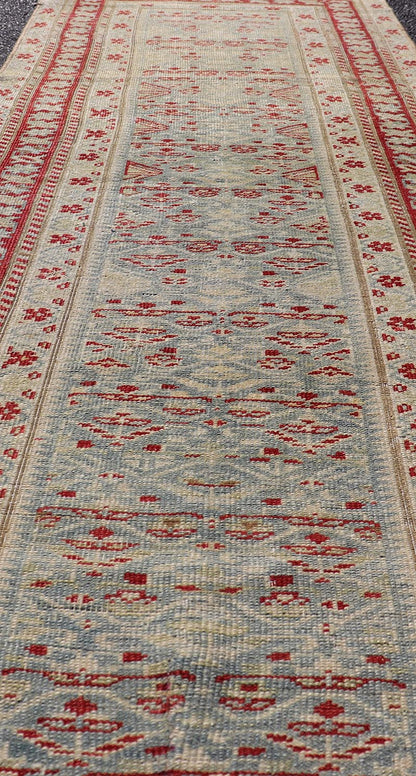 Antique Persian Sultanabad Runner with Geometric Tribal Design in Light Blue. Keivan Woven Arts/ rug EMB - 22165 - 15031, country of origin / type: Iran / Sultanabad, circa 1920 Measures: 2'7 x 7'5 This Persian Sultanabad has an all - over pattern, res... - Keivan Woven ArtsEMB - 22165 - 15031 - 20427