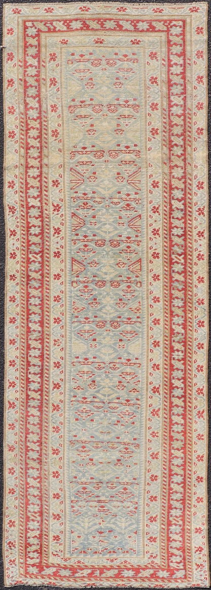 Antique Persian Sultanabad Runner with Geometric Tribal Design in Light Blue. Keivan Woven Arts/ rug EMB - 22165 - 15031, country of origin / type: Iran / Sultanabad, circa 1920 Measures: 2'7 x 7'5 This Persian Sultanabad has an all - over pattern, res... - Keivan Woven ArtsEMB - 22165 - 15031 - 20427