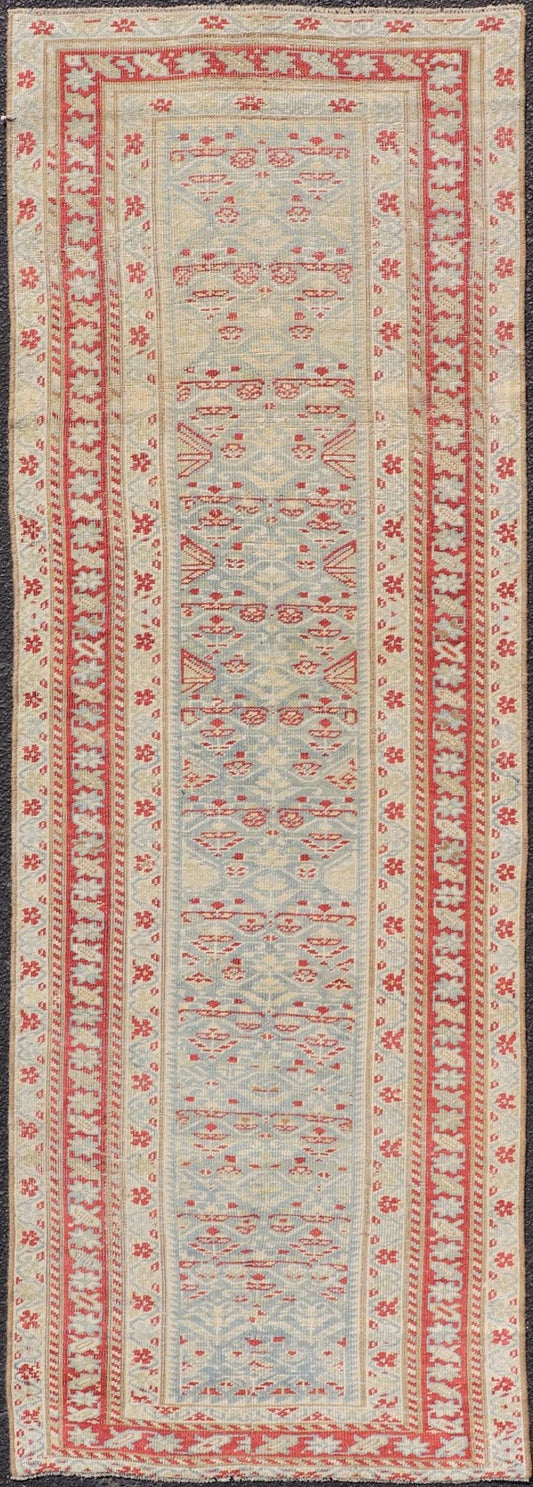 Antique Persian Sultanabad Runner with Geometric Tribal Design in Light Blue. Keivan Woven Arts/ rug EMB - 22165 - 15031, country of origin / type: Iran / Sultanabad, circa 1920 Measures: 2'7 x 7'5 This Persian Sultanabad has an all - over pattern, res... - Keivan Woven ArtsEMB - 22165 - 15031 - 20427