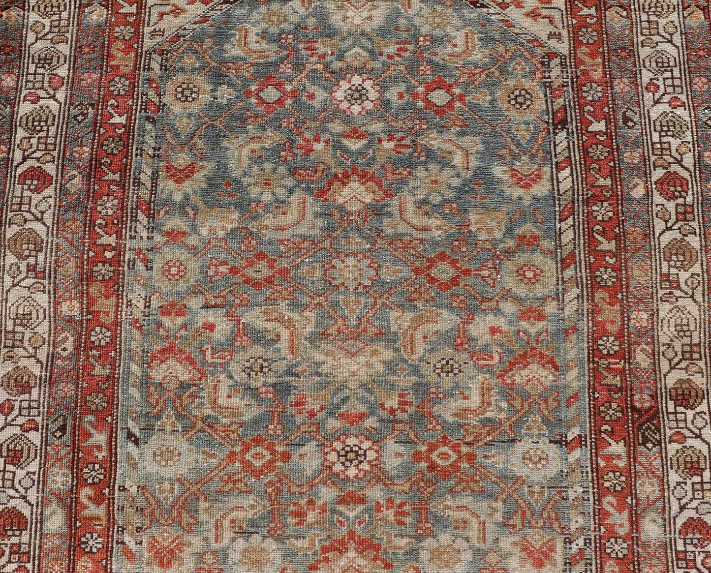 Measures: 3'9 x 5'7 Country of origin: Iran; Type: Malayer; Design: All - Over, Sub - Geometric, Floral Persian rug; Keivan Woven Arts; EMB - 22166 - 15061; Antique Persian Malayer Antique Persian Malayer with All - Over of Herati Design in Red and Blue. ... - Keivan Woven ArtsEMB - 22166 - 15061 - 20589Rug