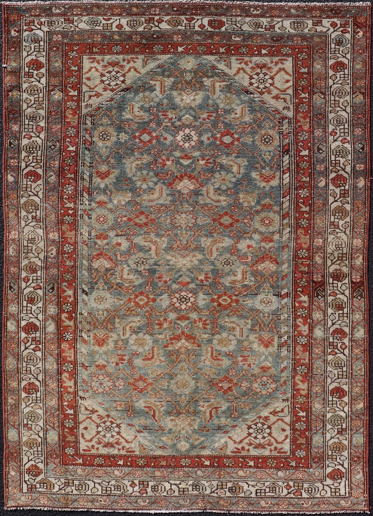 Measures: 3'9 x 5'7 Country of origin: Iran; Type: Malayer; Design: All - Over, Sub - Geometric, Floral Persian rug; Keivan Woven Arts; EMB - 22166 - 15061; Antique Persian Malayer Antique Persian Malayer with All - Over of Herati Design in Red and Blue. ... - Keivan Woven ArtsEMB - 22166 - 15061 - 20589Rug